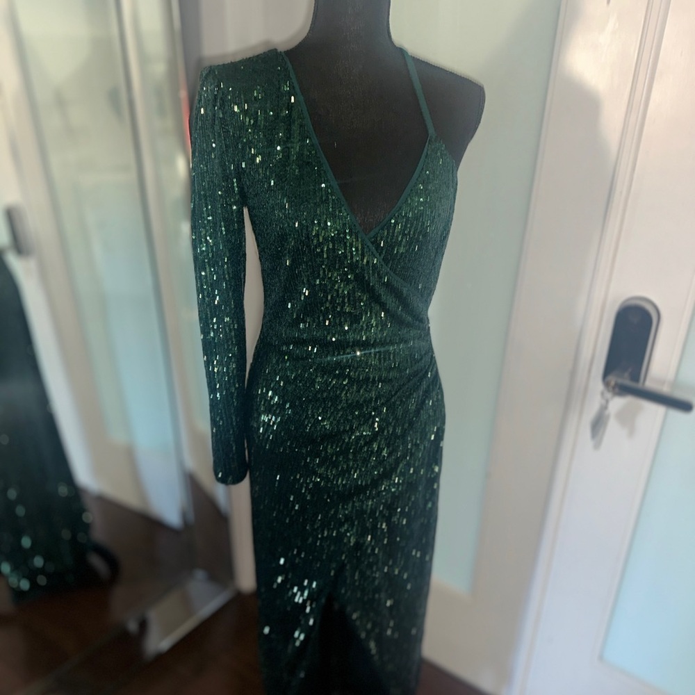 Emerald Green Asymmetrical Gown with Plunge Neckline and Ruching